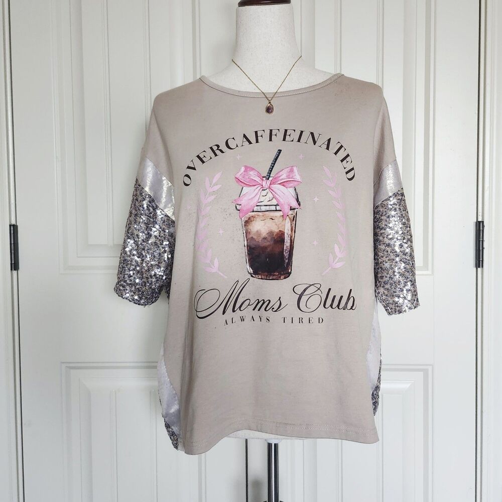 Lucky and Blessed Sequin Sleeve Coffee Mom Graphic Tee Size M